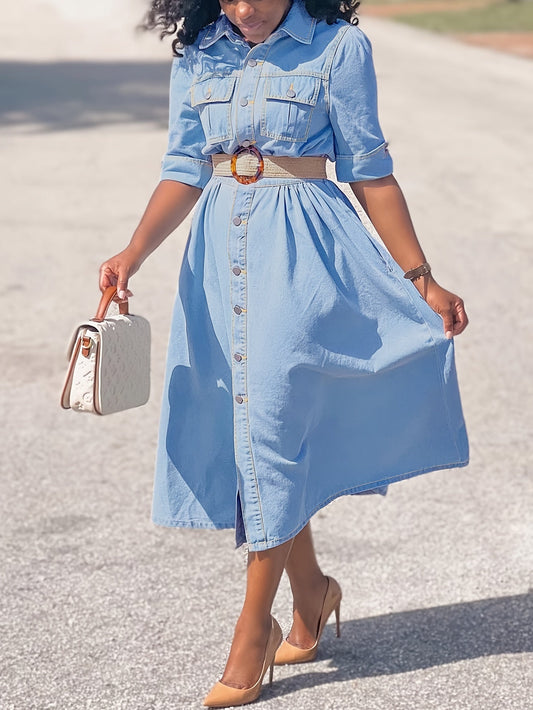 Belted A-Line Fit Denim Shirt Dress