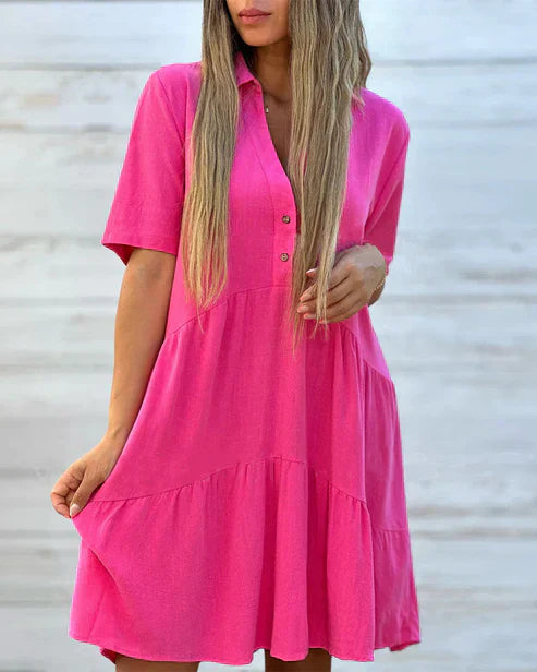 Women's Casual Dress - V-Neck Button Front - Short Sleeve Tiered A-Line Fit