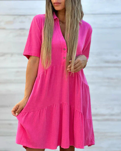 Women's Casual Dress - V-Neck Button Front - Short Sleeve Tiered A-Line Fit