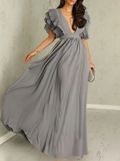 Women’s Evening Gown - A-Line Silhouette - Deep V-Neck - Ruffle Sleeve Formal Dress