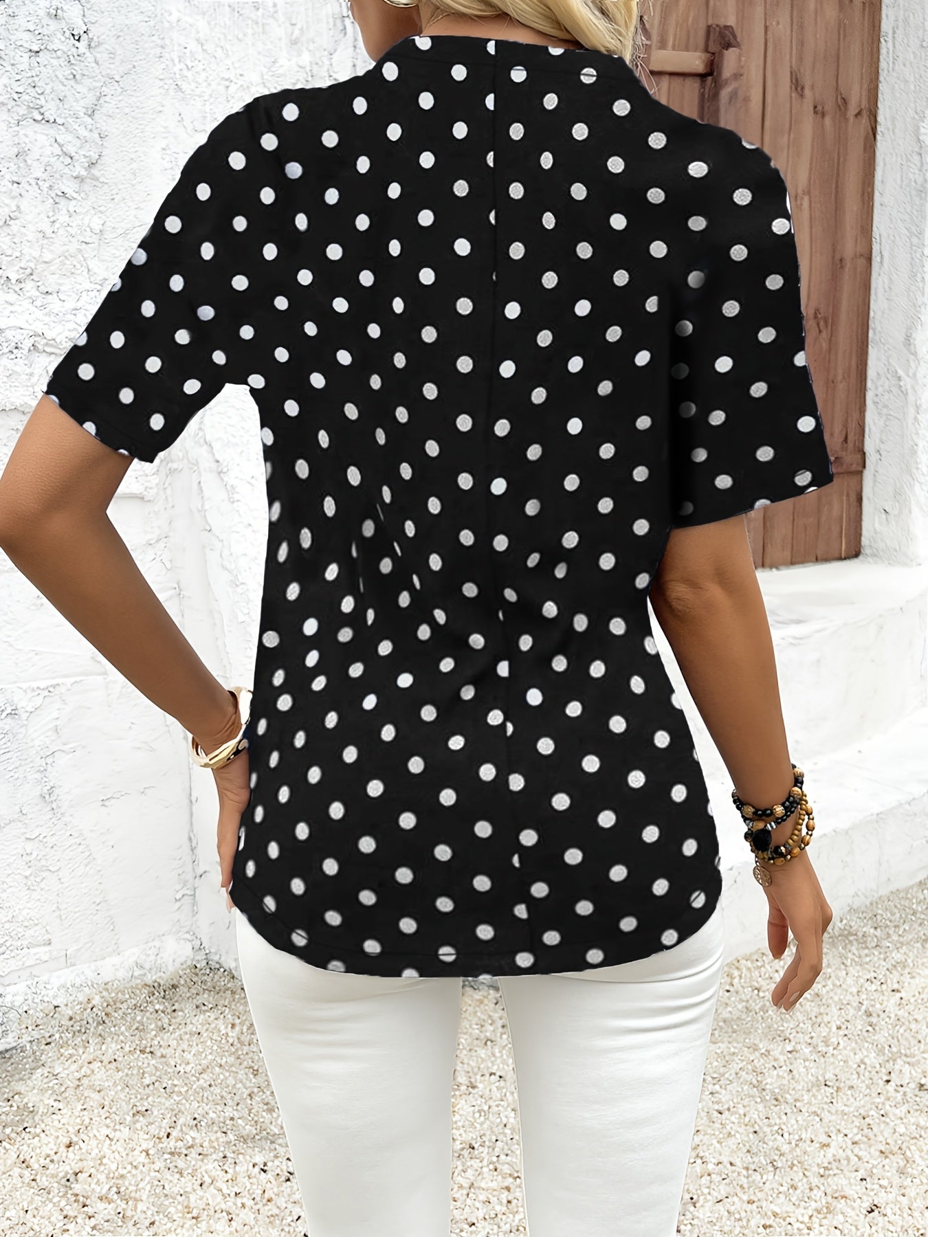 Polka Dot V-Neck Zipper T-Shirt