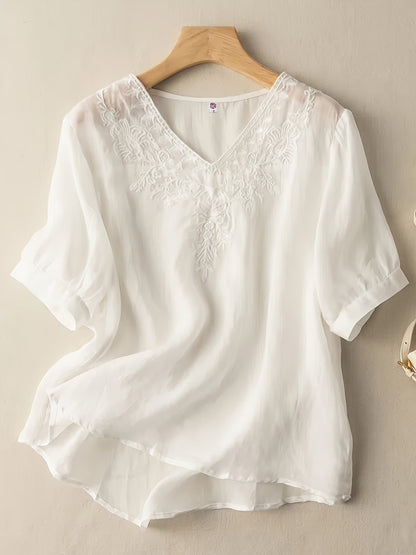 Women's V-Neck Blouse - Embroidered Detail - Short Sleeve - Lightweight & Flowy