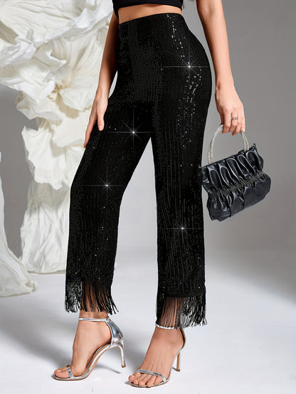Elegant fringe hem straight-leg pants for women