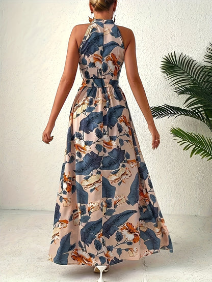 Halter-neck paisley print maxi dress with tie waist for women