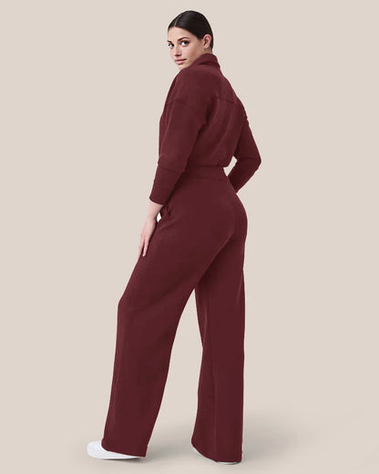 Women's long sleeve wide leg zip-up sweater jumpsuit