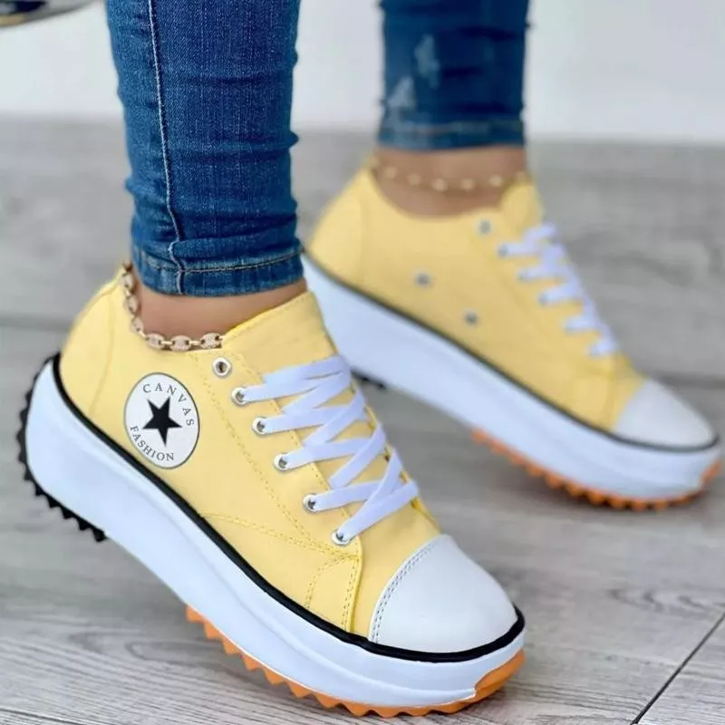 Women's Platform Sneakers - Canvas Upper - Lace-Up - Thick Cushioned Sole - Low-Top
