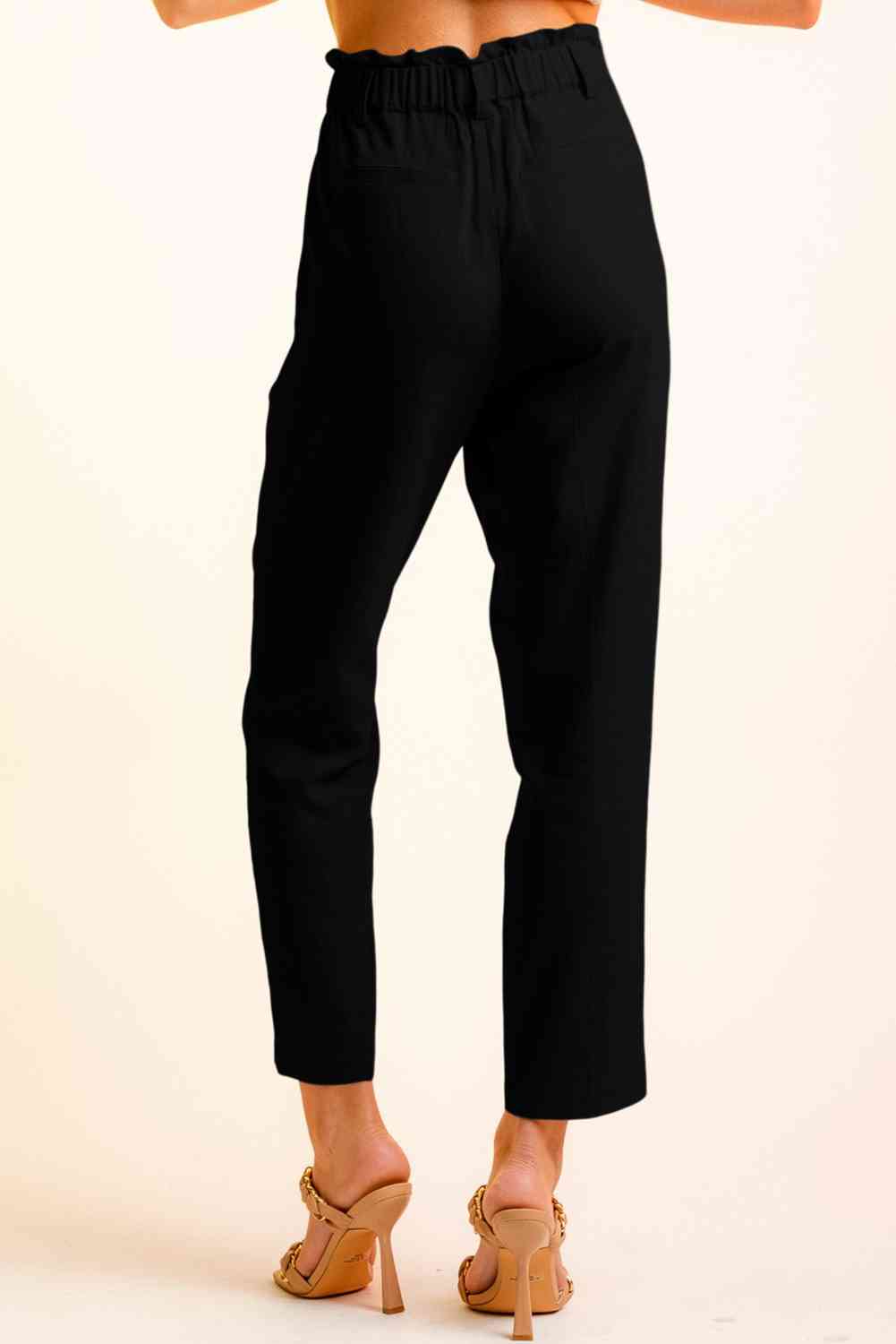 Women’s Cropped Pants – High Waist Paperbag Style – Button Detail – Tapered Fit Casual Wear