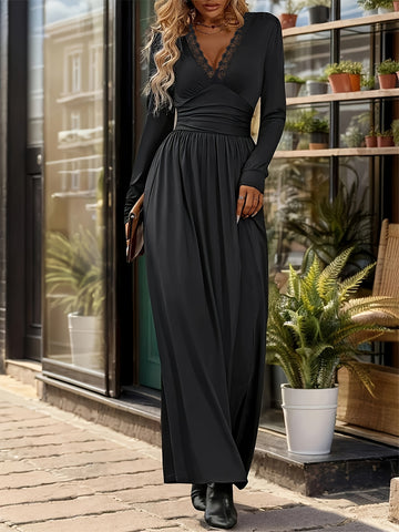 Elegant long sleeve lace V-neck maxi dress for women