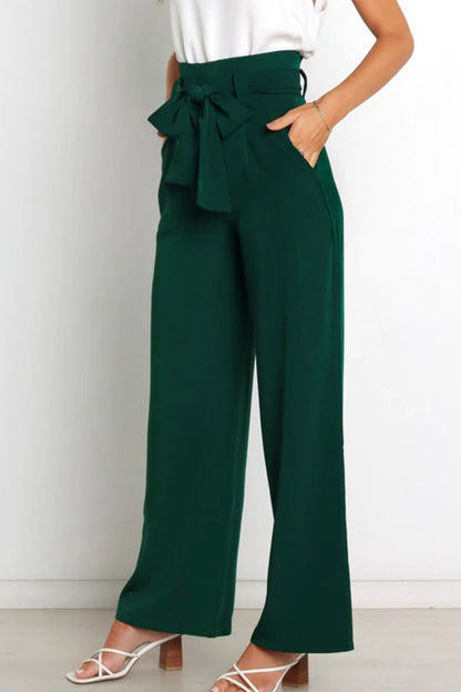 Women’s Wide-Leg Trousers – High Waist – Tailored Fit – Bow Waist Detail – Flowy Fabric