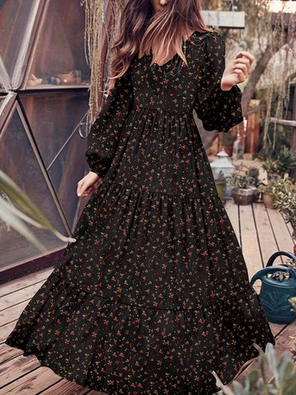 Women's Maxi Dress - Floral Print - Long Sleeve - Flowy Lightweight Casual Fit