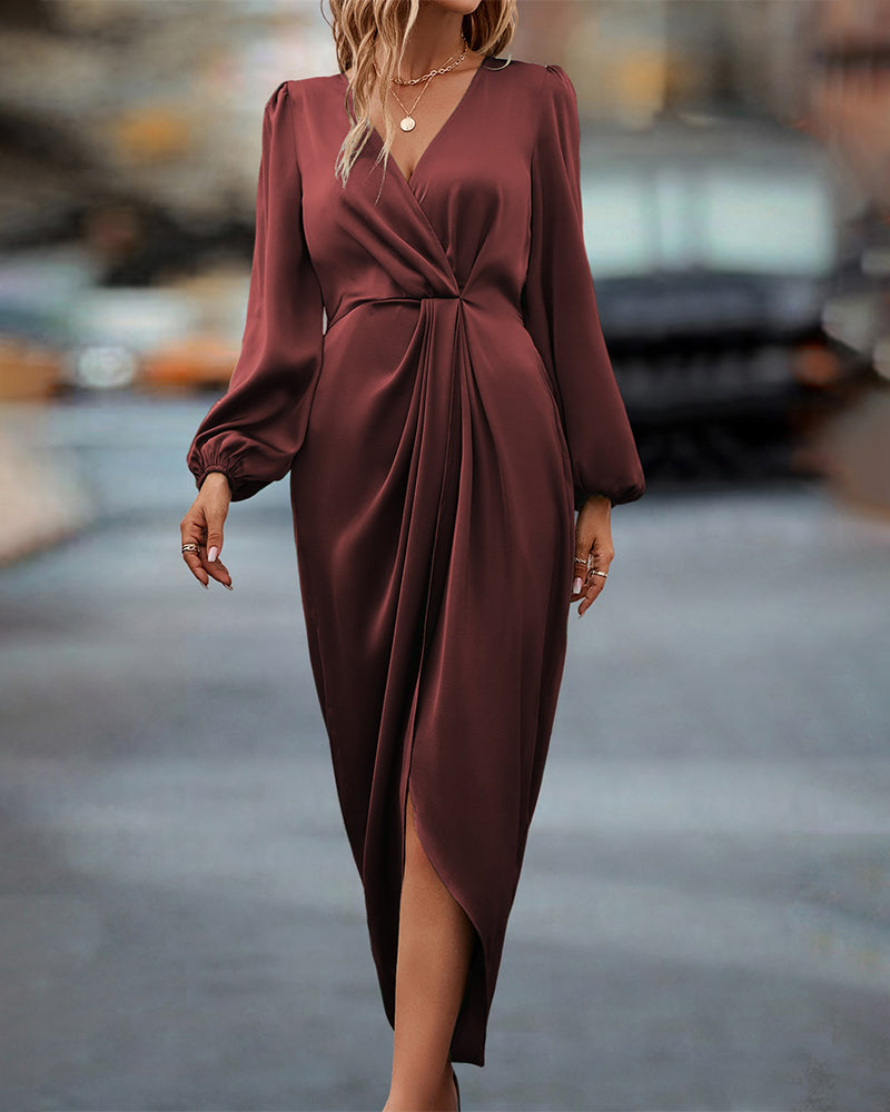 Women's Wrap Dress - Deep V-Neck - Long Puff Sleeves - Ruched Waist - Asymmetrical Hem