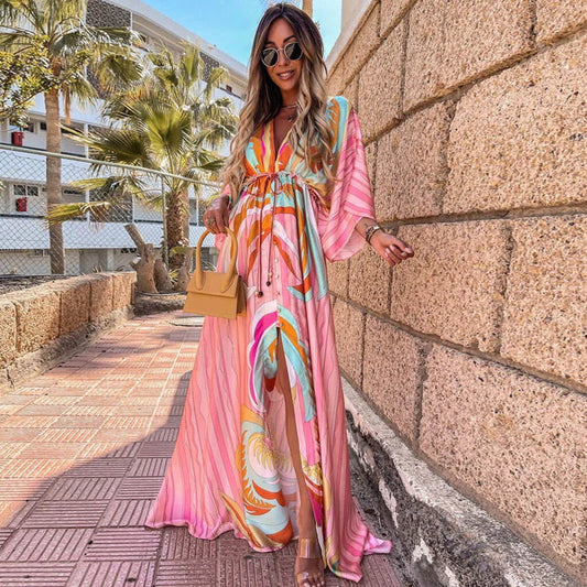 Abstract Print Belted Maxi Dress