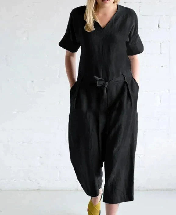 Women's Jumpsuit - V-Neck Short Sleeve - Tie Waist Loose Fit - Cropped Length Casual Wear