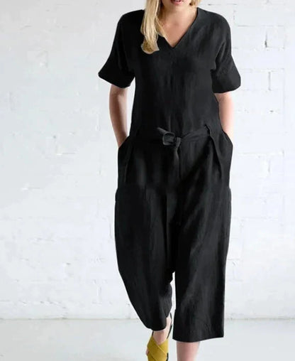 Women's Jumpsuit - V-Neck Short Sleeve - Tie Waist Loose Fit - Cropped Length Casual Wear