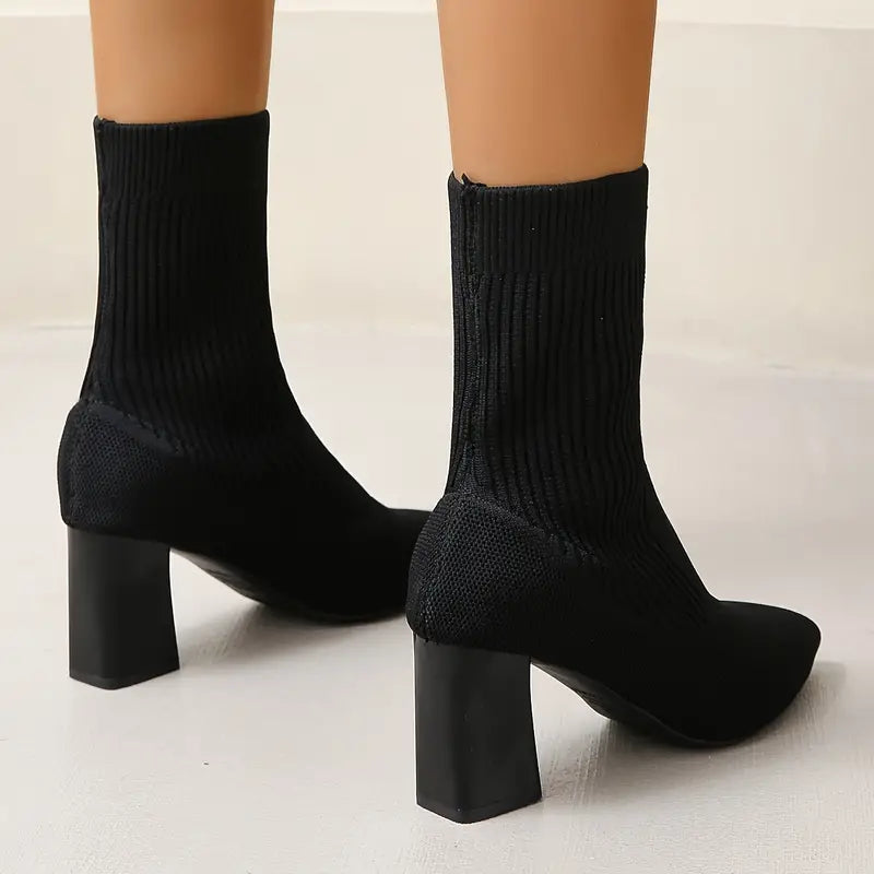 Women’s Ankle Boots - Knit Sock Style - Pointed Toe - Block Heel Comfort Fit