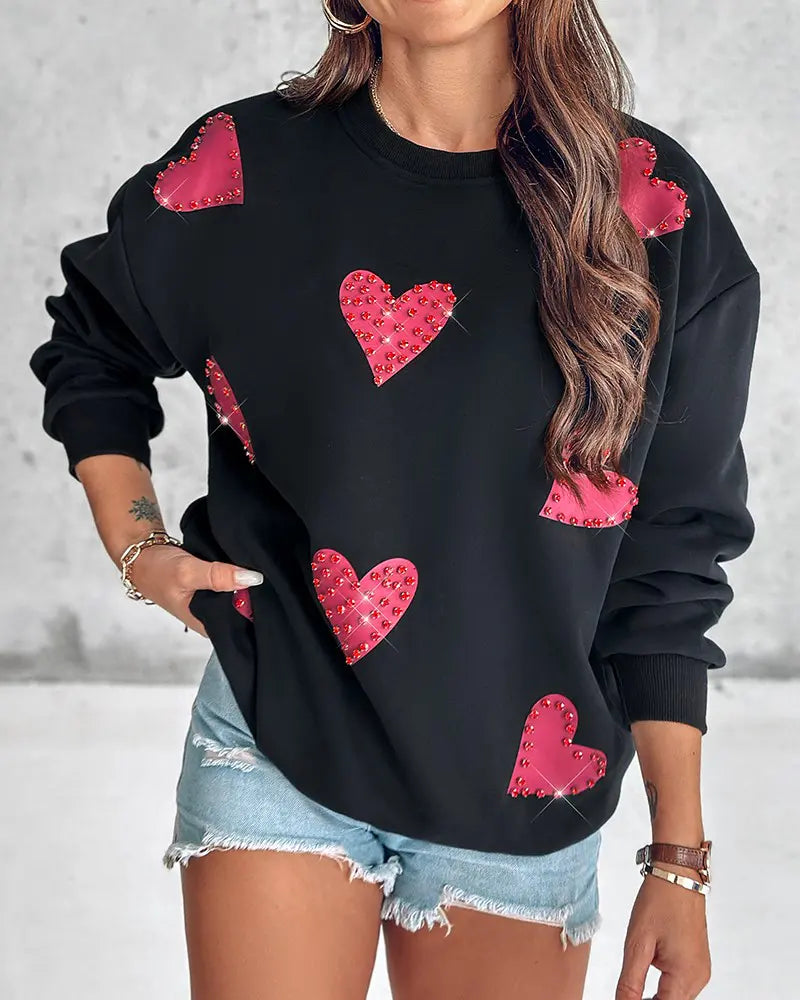 Women's stylish long sleeve sweatshirt with heart print