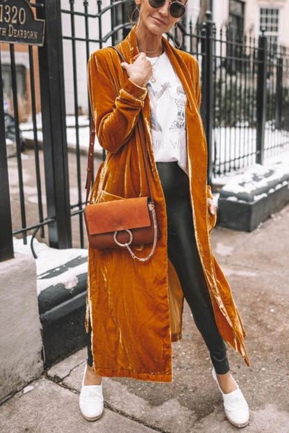 Women’s Long Velvet Duster – Open Front – Elegant Lightweight Layer – Full Sleeve