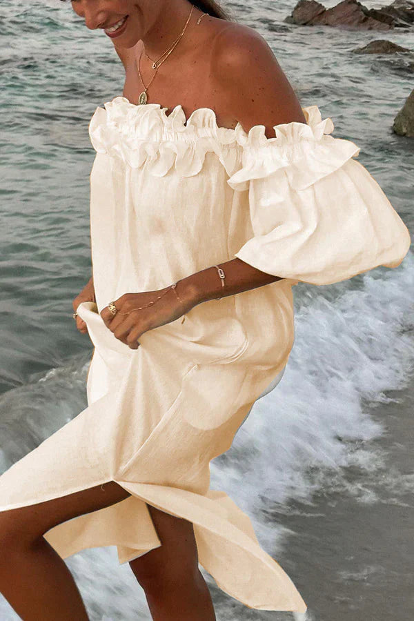 Women's Off-Shoulder Midi Dress - Frill Neckline - Loose Elbow Sleeves - Lightweight Fabric