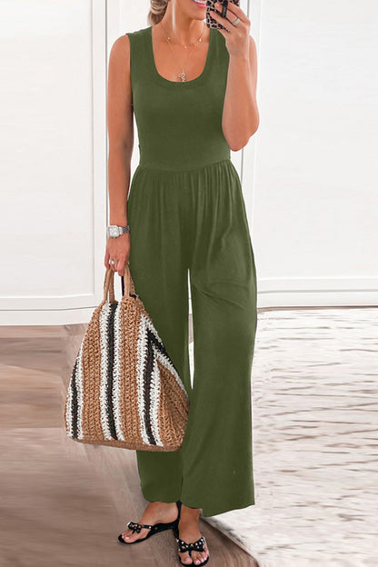 Women's Sleeveless Jumpsuit - Scoop Neck - Wide Leg - Flowy Lightweight Casual Wear