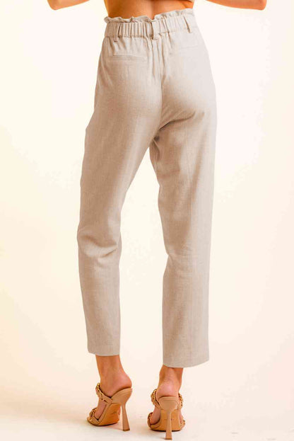 Women’s Cropped Pants – High Waist Paperbag Style – Button Detail – Tapered Fit Casual Wear