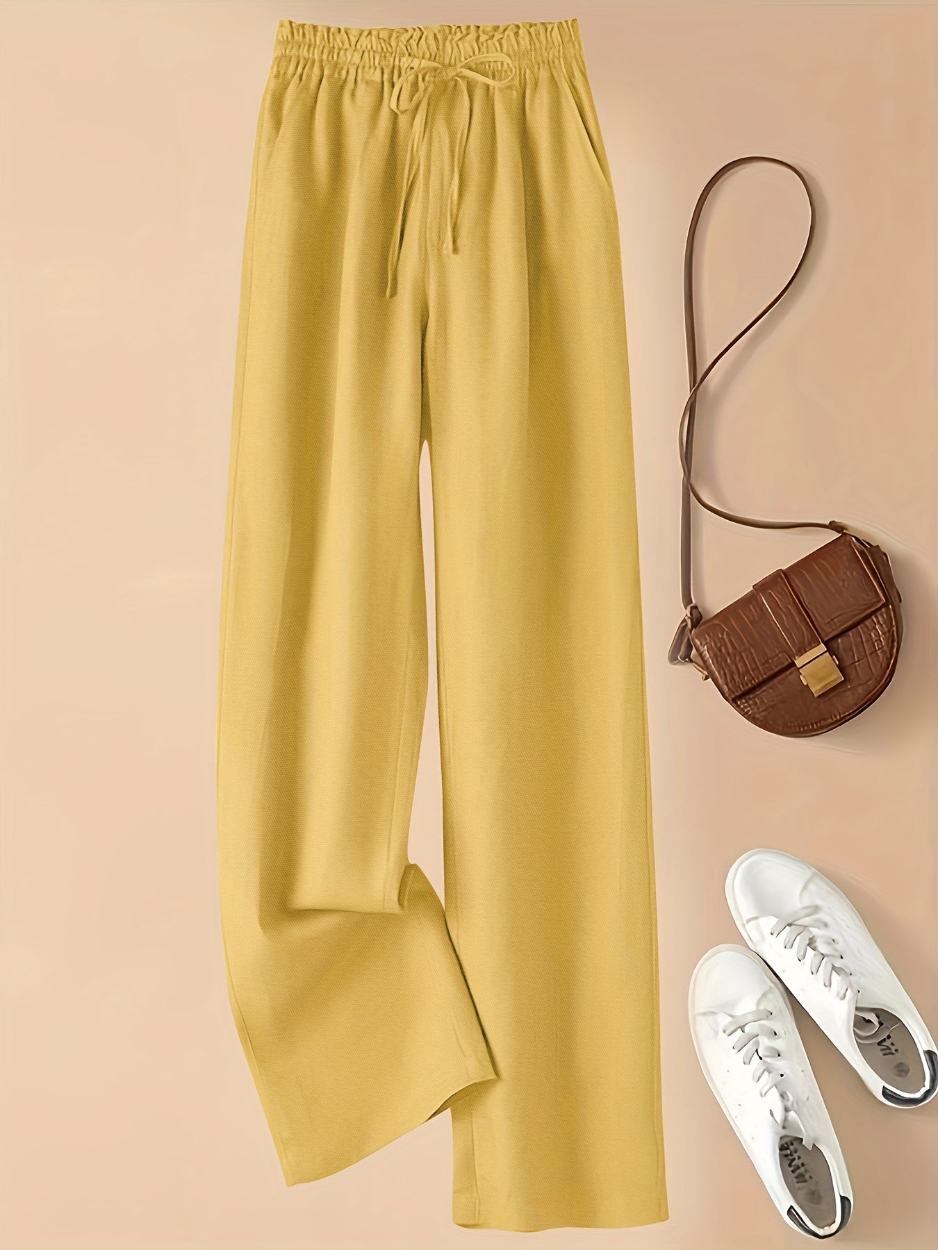 Women's casual elastic waist drawstring wide-leg pants