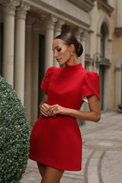 Women’s Mini Dress – Tailored Fit – Puff Sleeves – High Neck – Open Back with Bow