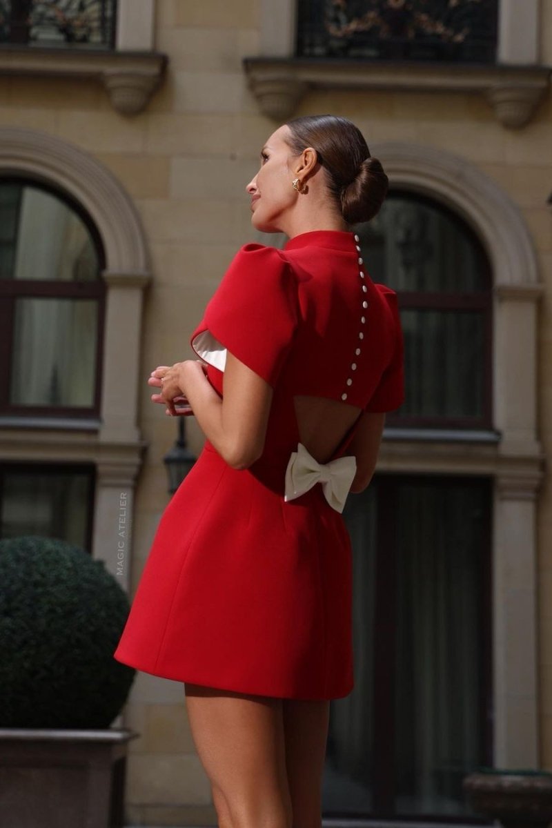 Women’s Mini Dress – Tailored Fit – Puff Sleeves – High Neck – Open Back with Bow