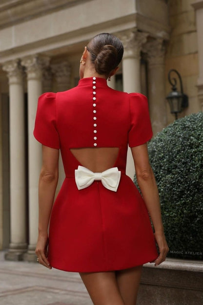 Women’s Mini Dress – Tailored Fit – Puff Sleeves – High Neck – Open Back with Bow
