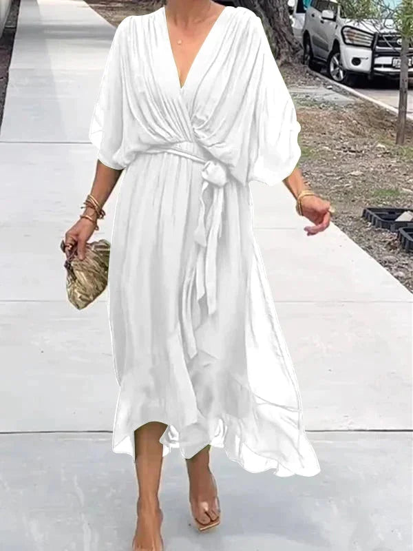 Women's Maxi Dress - Flowing Relaxed Fit - Kimono Sleeves - Adjustable Waist Tie