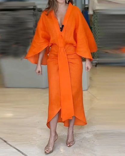 Women's Midi Dress - V-Neck - Kimono Sleeves - Adjustable Waist - Flowy Elegant Fit