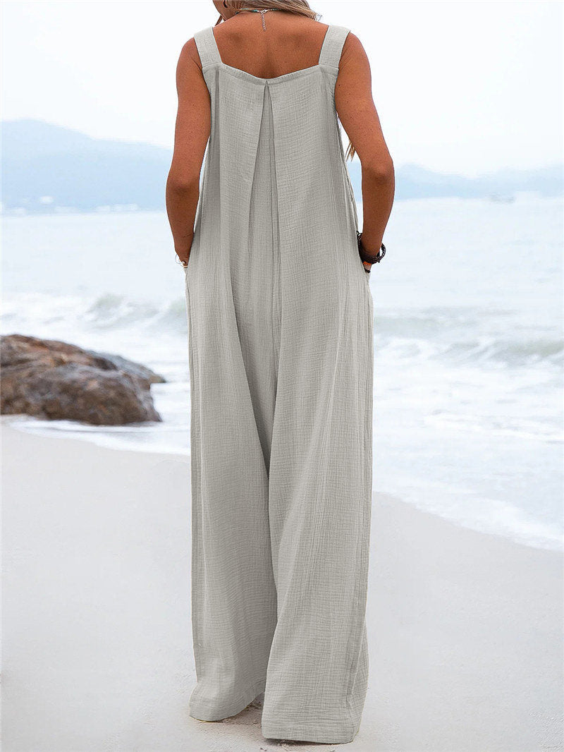 Women's Wide-Leg Jumpsuit - Breathable Fabric - Relaxed Fit - Button Straps & Pockets