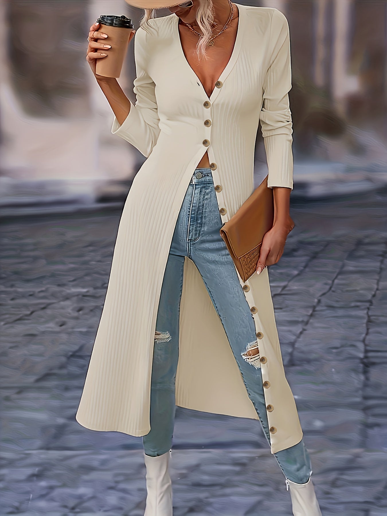 Women's Long Cardigan - Ribbed Knit - Button-Front V-Neck - Tailored Fit