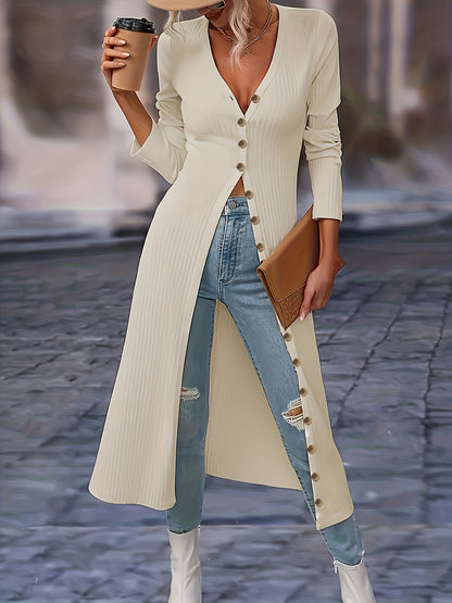 Women's Long Cardigan - Ribbed Knit - Button-Front V-Neck - Tailored Fit