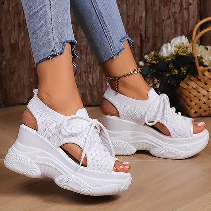 Women's Platform Wedge Sandals - Lace-Up Knit Design - Open Toe Breathable Comfort