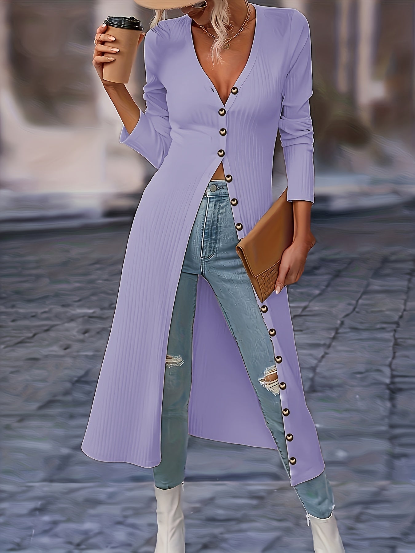 Women's Long Cardigan - Ribbed Knit - Button-Front V-Neck - Tailored Fit