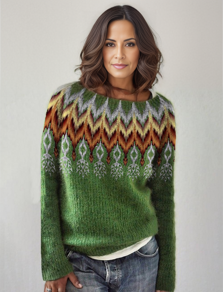 Women's boho-inspired cozy knit sweater with colorful pattern