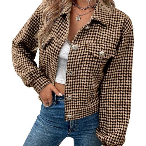 Cropped Fit Houndstooth Tailored Button-Up Jacket