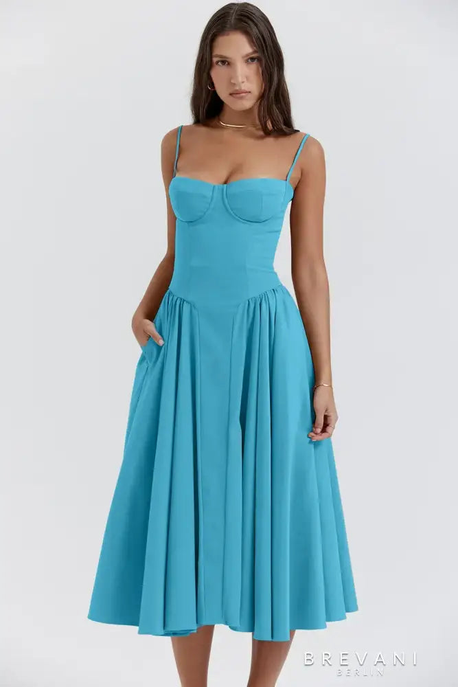 Fitted Waist Square Neck Midi Dress