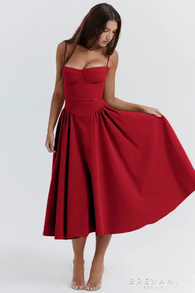 Fitted Waist Square Neck Midi Dress