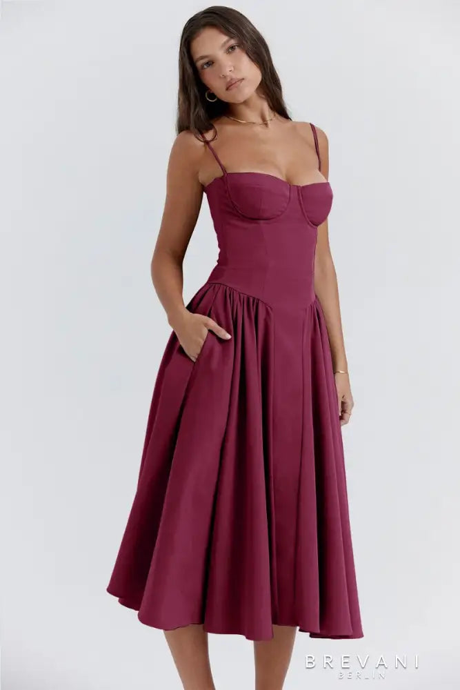 Fitted Waist Square Neck Midi Dress