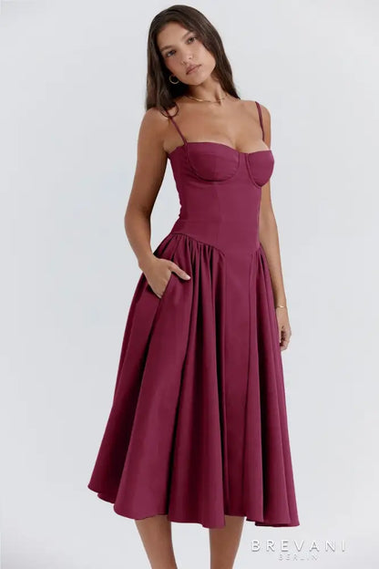 Women's Midi Dress - A-Line Silhouette - Square Neck - Spaghetti Straps - Fitted Waist