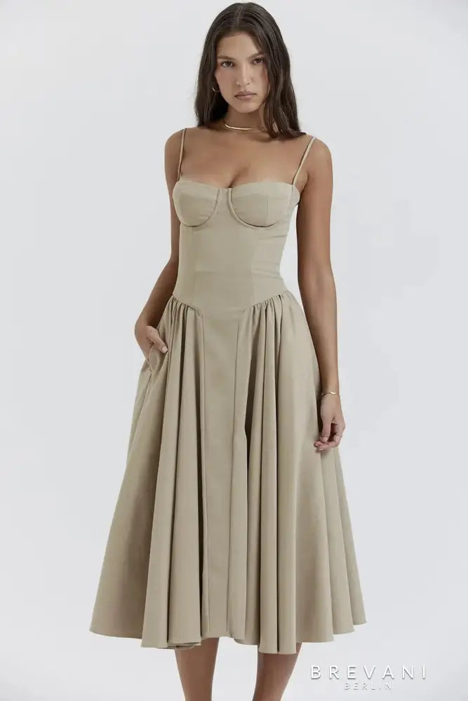 Fitted Waist Square Neck Midi Dress
