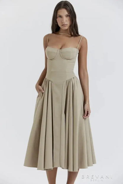 Women's Midi Dress - A-Line Silhouette - Square Neck - Spaghetti Straps - Fitted Waist