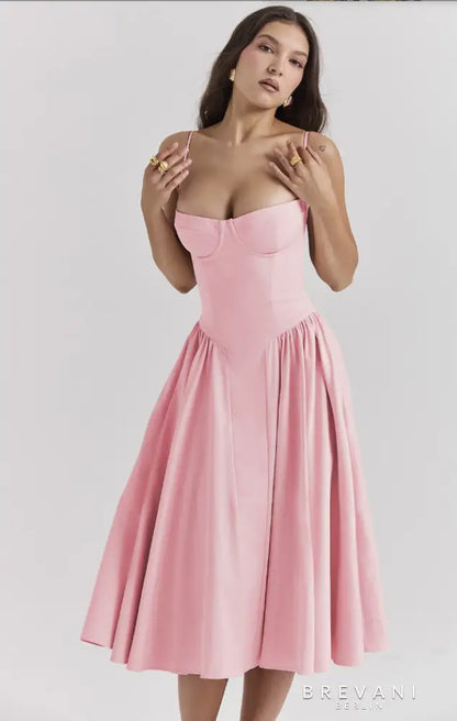 Women's Midi Dress - A-Line Silhouette - Square Neck - Spaghetti Straps - Fitted Waist