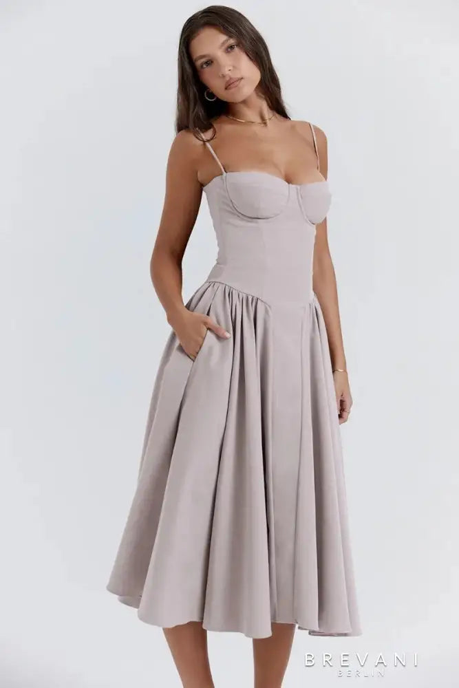 Fitted Waist Square Neck Midi Dress