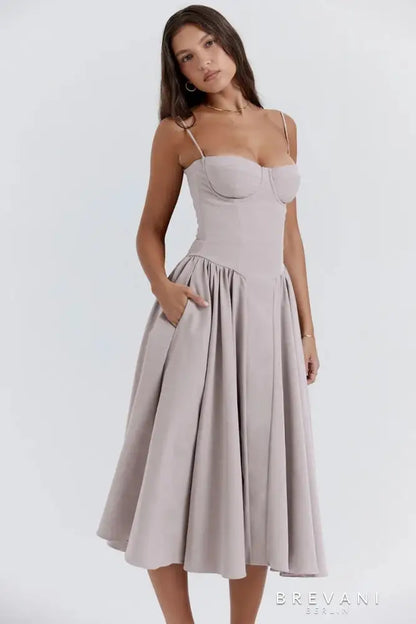 Women's Midi Dress - A-Line Silhouette - Square Neck - Spaghetti Straps - Fitted Waist