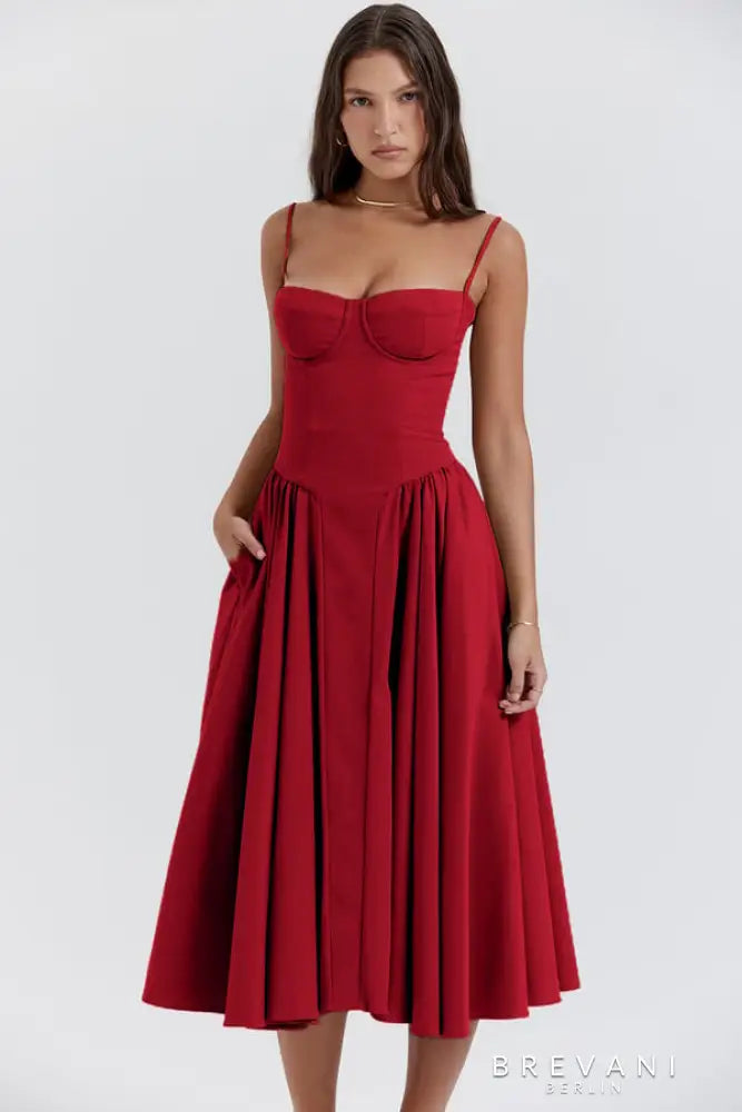 Fitted Waist Square Neck Midi Dress