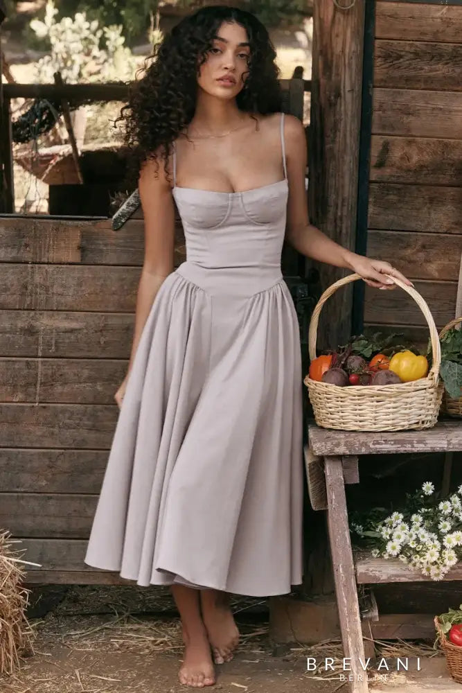Fitted Waist Square Neck Midi Dress
