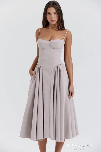 Women's Midi Dress - A-Line Silhouette - Square Neck - Spaghetti Straps - Fitted Waist