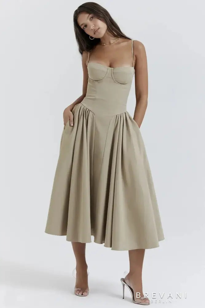 Fitted Waist Square Neck Midi Dress